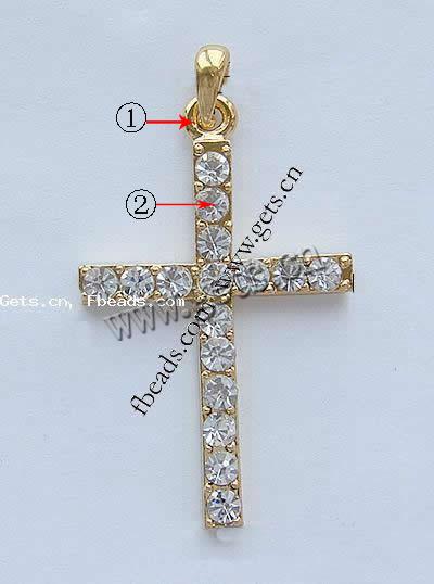 Zinc Alloy Cross Pendants, plated, with rhinestone, more colors for choice, 42.5x27x3.5mm, Hole:Approx 3.5mm, Sold By PC