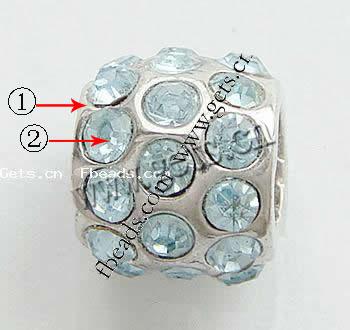 grano Europeo de aleación Zinc con diamante, aleación de zinc, Tambor, chapado, sin rosca & con diamantes de imitación, más colores para la opción, 9x8mm, agujero:aproximado 4mm, Vendido por UD