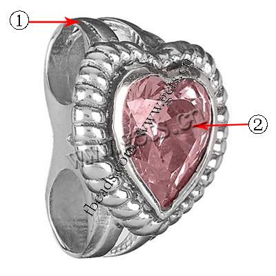 Rhinestone Zinc Alloy European Beads, Heart, plated, without troll & with rhinestone, more colors for choice, 13x10mm, Hole:Approx 4.2-4.5mm, Sold By PC