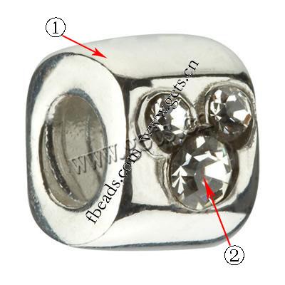 Rhinestone Zinc Alloy European Beads, Tube, plated, without troll & with rhinestone, more colors for choice, 8x7mm, Hole:Approx 4.2-4.5mm, Sold By PC