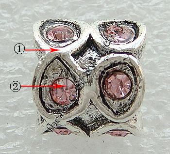 Strass Zink Legierung Europa Perlen, Zinklegierung, Rohr, plattiert, ohne troll & mit Strass, keine, 10x9mm, Bohrung:ca. 4.5mm, verkauft von PC