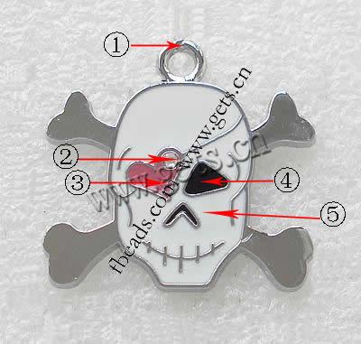 Zinklegierung Schädel Anhänger, plattiert, Emaille, keine, 33x26x3mm, Bohrung:ca. 3mm, verkauft von PC