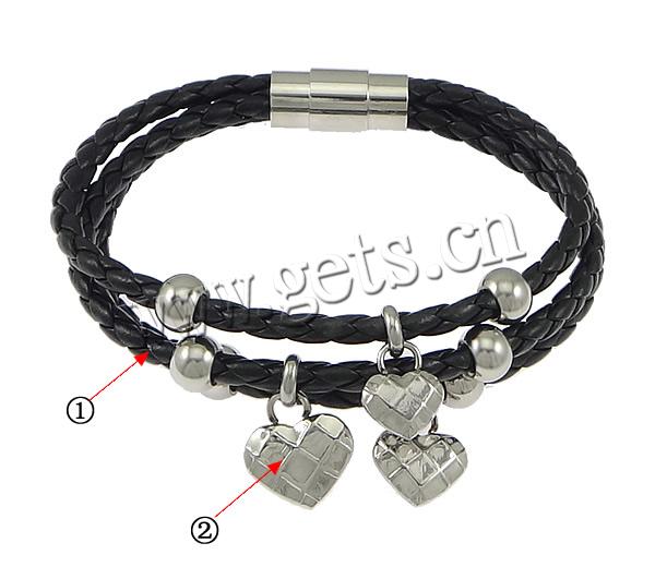 PU Leather Cord Bracelets, stainless steel magnetic clasp, plated, braided & 2-strand, more colors for choice, 11x13mm, 6x8mm, 14x16mm, 13x15mm, 21x11mm, 4mm, Length:Approx 8 Inch, Sold By Strand