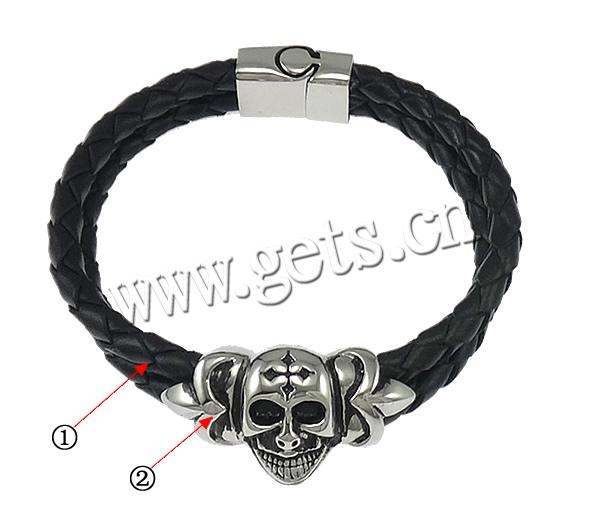 Bracelet homme, cuir PU, avec acier inoxydable, crane, Placage, tressé & 2 fils & noircir, plus de couleurs à choisir, 30x20mm, 5mm, 19x13mm, Longueur:Environ 8 pouce, Vendu par brin