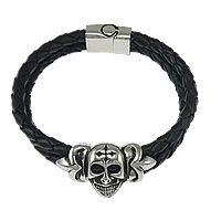 Los hombres de la pulsera y del brazalete, Cuero de PU, con acero inoxidable, Calavera, chapado, trenzado & 2-sarta & ennegrezca, más colores para la opción, 30x20mm, 5mm, 19x13mm, longitud:aproximado 8 Inch, Vendido por Sarta