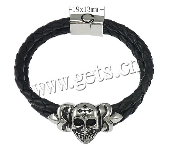 Bracelet homme, cuir PU, avec acier inoxydable, crane, Placage, tressé & 2 fils & noircir, plus de couleurs à choisir, 30x20mm, 5mm, 19x13mm, Longueur:Environ 8 pouce, Vendu par brin