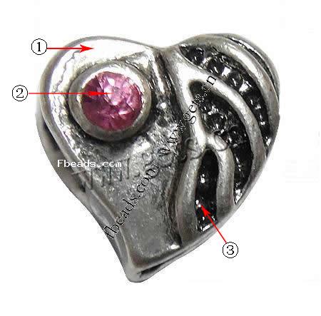 grano Europeo de aleación Zinc con diamante, aleación de zinc, Corazón, chapado, sin rosca & esmalte & con diamantes de imitación, más colores para la opción, 9x8x8mm, agujero:aproximado 4.5mm, Vendido por UD