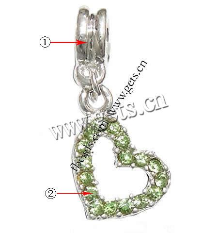 Zinc Alloy European Pendants, Heart, plated, without troll & with rhinestone, more colors for choice, 17x12x2mm, Hole:Approx 5mm, Length:29 , Sold By PC