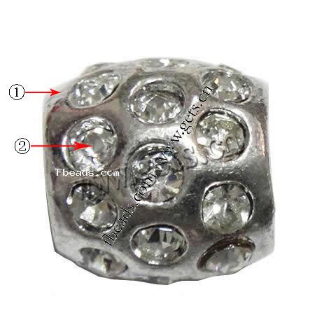 Strass Zink Legierung Europa Perlen, Zinklegierung, Trommel, plattiert, ohne troll & mit Strass, keine, 9x9mm, Bohrung:ca. 5mm, verkauft von PC