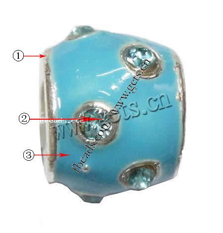 Enamel Zinc Alloy European Beads, Drum, plated, without troll & with rhinestone & large hole, more colors for choice, 9x10mm, Hole:Approx 5mm, Sold By PC