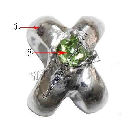 Strass Zink Legierung Europa Perlen, Zinklegierung, Buchstabe X, plattiert, ohne troll & mit Strass, keine, 7x9x9mm, Bohrung:ca. 5mm, verkauft von PC