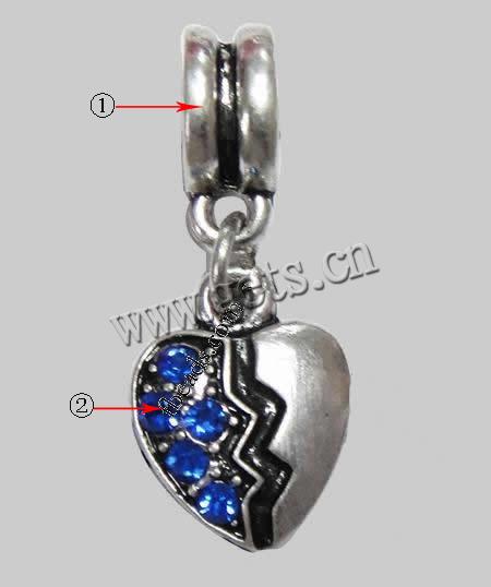 Zinc Alloy European Pendants, Heart, plated, with troll & with rhinestone, more colors for choice, 14x11x2mm, Hole:Approx 4mm, Length:24 , Sold By PC