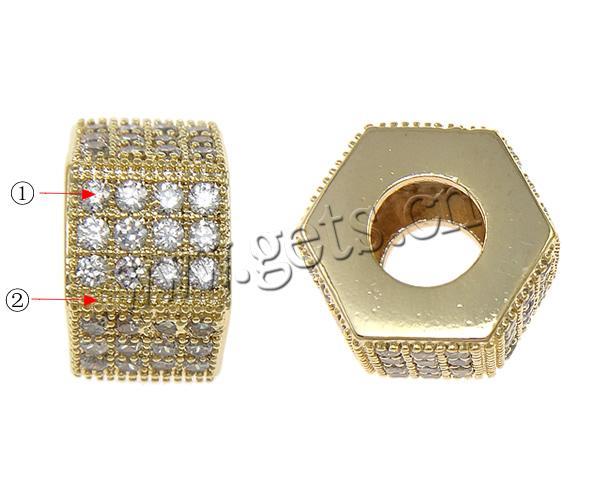 Cubic Zirconia Micro Pave Brass Beads, Hexagon, plated, micro pave cubic zirconia, more colors for choice, 5.5x11mm, Hole:Approx 5mm, Sold By PC