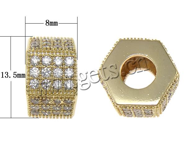 Cubic Zirconia Micro Pave Brass Beads, Hexagon, plated, micro pave cubic zirconia, more colors for choice, 5.5x11mm, Hole:Approx 5mm, Sold By PC