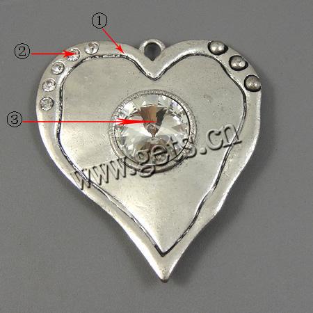 Zinc Alloy Heart Pendants, plated, with rhinestone, more colors for choice, 57x62x10mm, Hole:Approx 4mm, Sold By PC