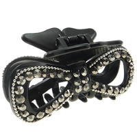 Acrylic Hair Claw Clip, with aluminum iron-on rhinestone & iron chain, Bowknot, painted, black 