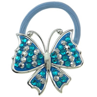 Gomas para el Cabello, Acrílico, con diamantes de imitación de aluminio con hierro & Cuerda de goma revestido de nylón, Mariposa, chapado en UV, con diamantes de imitación, azul, 63x53x18mm, 12PCs/Bolsa, Vendido por Bolsa