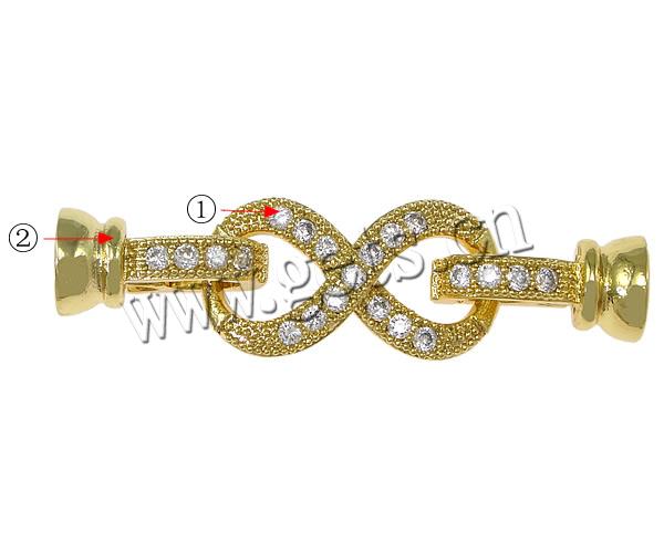 Brass Fold Over Clasp, Infinity, plated, with end cap & micro pave cubic zirconia, more colors for choice, 38x10x2mm, Hole:Approx 2mm, Sold By Set