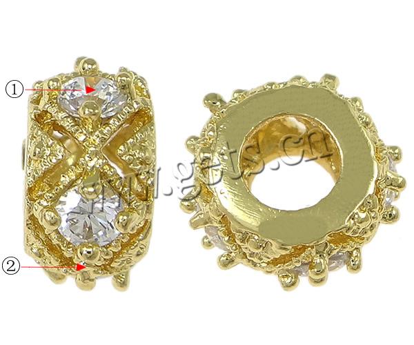 Cubic Zirconia Micro Pave Brass Beads, Rondelle, plated, micro pave cubic zirconia & large hole, more colors for choice, 6x11mm, Hole:Approx 4.5mm, Sold By PC