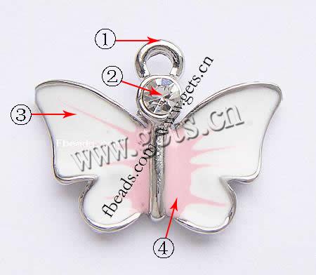 Colgantes de esmalte de la aleación del cinc, aleación de zinc, Mariposa, chapado, con diamantes de imitación, más colores para la opción, 22x14x3mm, agujero:aproximado 2mm, Vendido por UD