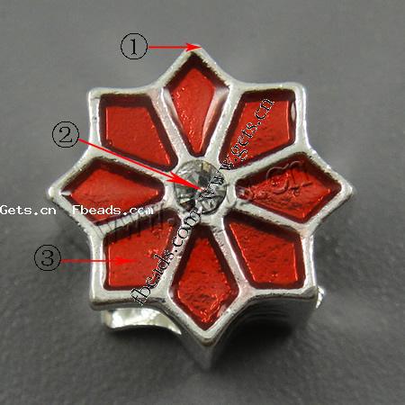 Emaille Zink Legierung Europa Perlen, Zinklegierung, Blume, plattiert, mit Strass & großes Loch, keine, 11x7mm, Bohrung:ca. 5mm, verkauft von PC