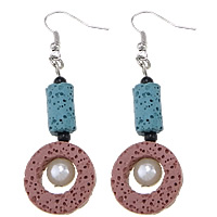 Les boucles d'oreilles de perles de lave, lave volcanique, avec perles de rocaille en verre, laiton boucle d'oreille crochet, Plat rond, Placage de couleur platine, avec les perles en verre, 65mm 19mm, Vendu par paire