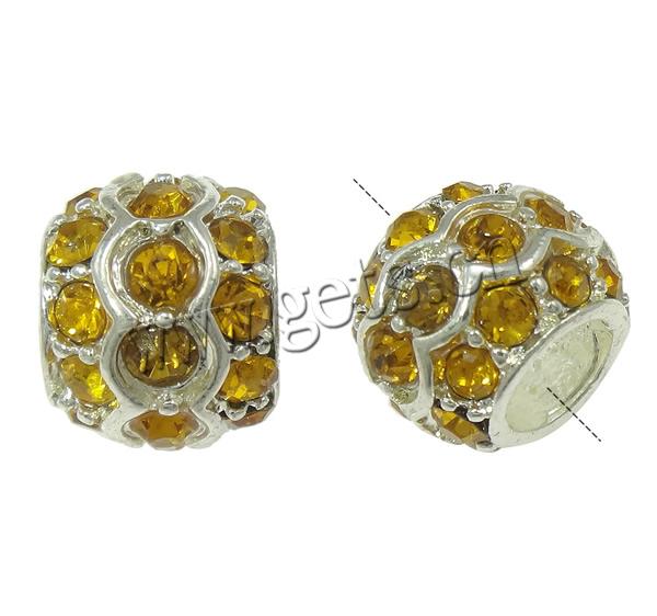 Rhinestone Zinc Alloy European Beads, Drum, plated, without troll & with rhinestone, more colors for choice, cadmium free, 8x10.5mm, Hole:Approx 5mm, Sold By PC