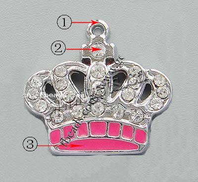 Цинковый сплав Корона подвески, цинковый сплав, с эмаль, Другое покрытие, со стразами, Много цветов для выбора, 24x22.5x4mm, отверстие:Приблизительно 1.2mm, продается PC