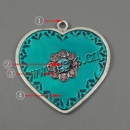 Zinc Alloy Enamel Pendants, Heart, plated, with rhinestone, more colors for choice, 43x43x5mm, Hole:Approx 3mm, Sold By PC