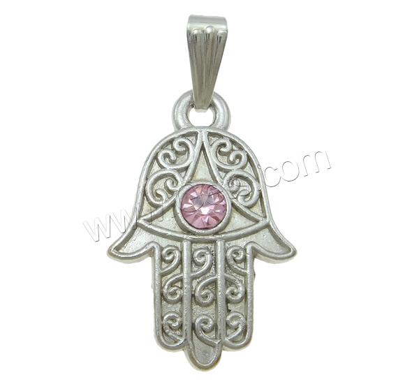 Pendentif la main fatma en alliage de zinc , avec caution de fer, Main de Fatma, Placage, Islam bijoux & Personnalisé & avec strass, plus de couleurs à choisir, protéger l'environnement, sans nickel, plomb et cadmium, 16x31x3mm, Trou:Environ 2.5x8mm, Vendu par PC