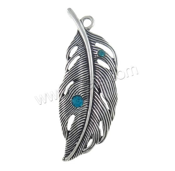 Pendentifs plume en alliage de zinc, forme de plume, Placage, Personnalisé & avec strass, plus de couleurs à choisir, protéger l'environnement, sans nickel, plomb et cadmium, 15.5x41.5x3.5mm, Trou:Environ 2mm, Vendu par PC