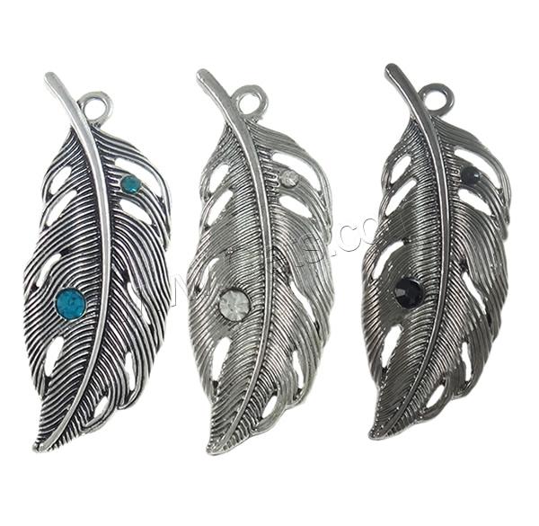 Pendentifs plume en alliage de zinc, forme de plume, Placage, Personnalisé & avec strass, plus de couleurs à choisir, protéger l'environnement, sans nickel, plomb et cadmium, 15.5x41.5x3.5mm, Trou:Environ 2mm, Vendu par PC