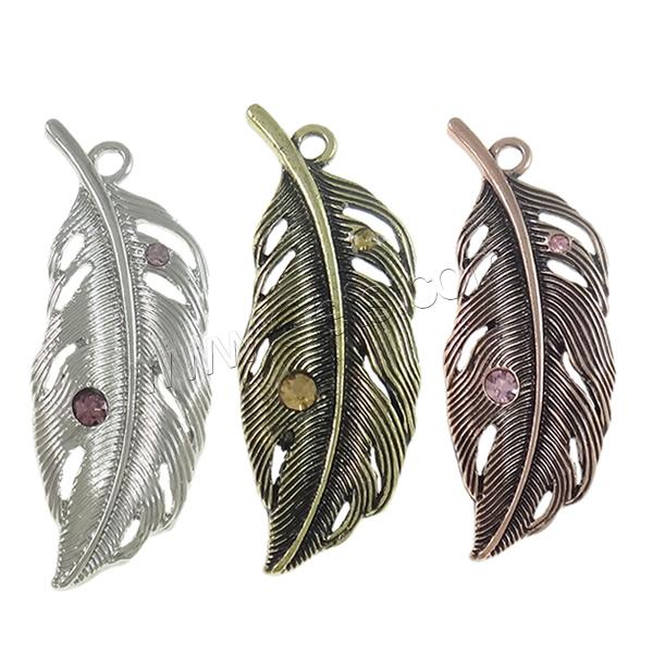 Pendentifs plume en alliage de zinc, forme de plume, Placage, Personnalisé & avec strass, plus de couleurs à choisir, protéger l'environnement, sans nickel, plomb et cadmium, 15.5x41.5x3.5mm, Trou:Environ 2mm, Vendu par PC