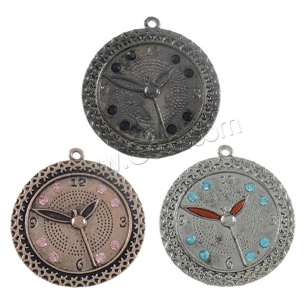 Zinc Alloy Rhinestone Pendants, Watch, plated, Customized & enamel & with rhinestone, more colors for choice, nickel, lead & cadmium free, 34x36x3mm, Hole:Approx 1mm, Sold By PC