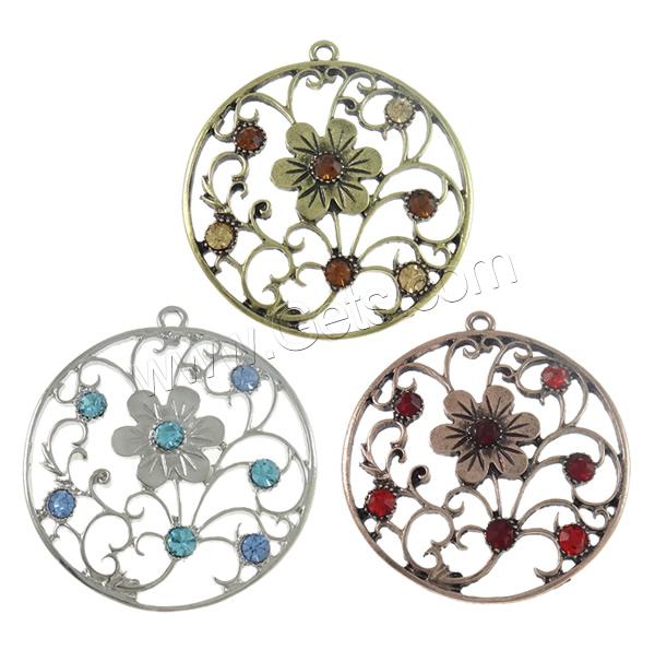 Zinc Alloy Rhinestone Pendants, Flat Round, plated, Customized & with rhinestone & hollow, more colors for choice, nickel, lead & cadmium free, 42x45.5x4mm, Hole:Approx 2mm, Sold By PC