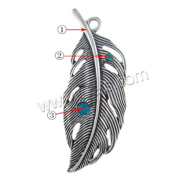 Zinc Alloy Feather Pendants, plated, Customized & with rhinestone, more colors for choice, nickel, lead & cadmium free, 15.5x41.5x3.5mm, Hole:Approx 2mm, Sold By PC