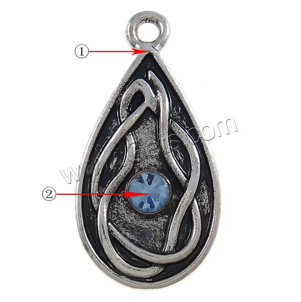 Zinc Alloy Rhinestone Pendants, Teardrop, plated, Customized & with rhinestone, more colors for choice, nickel, lead & cadmium free, 13x25x4mm, Hole:Approx 2mm, Sold By PC