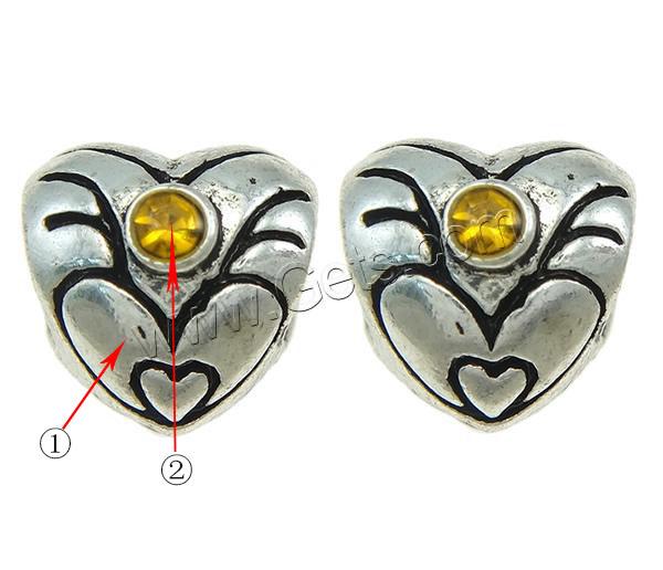 grano Europeo de aleación Zinc con diamante, aleación de zinc, Corazón, chapado, Modificado para requisitos particulares & sin rosca & con diamantes de imitación, más colores para la opción, 10x9x9mm, agujero:aproximado 4.5mm, Vendido por UD