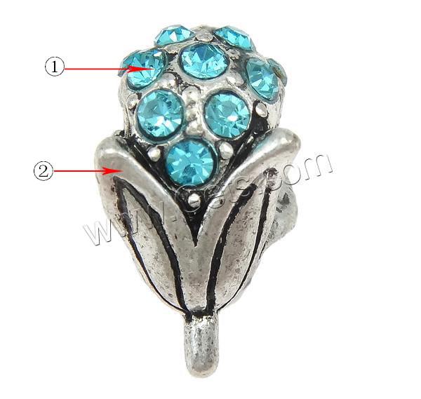 grano Europeo de aleación Zinc con diamante, aleación de zinc, Flor, chapado, Modificado para requisitos particulares & sin rosca & con diamantes de imitación, más colores para la opción, 9x16x9mm, agujero:aproximado 5mm, Vendido por UD