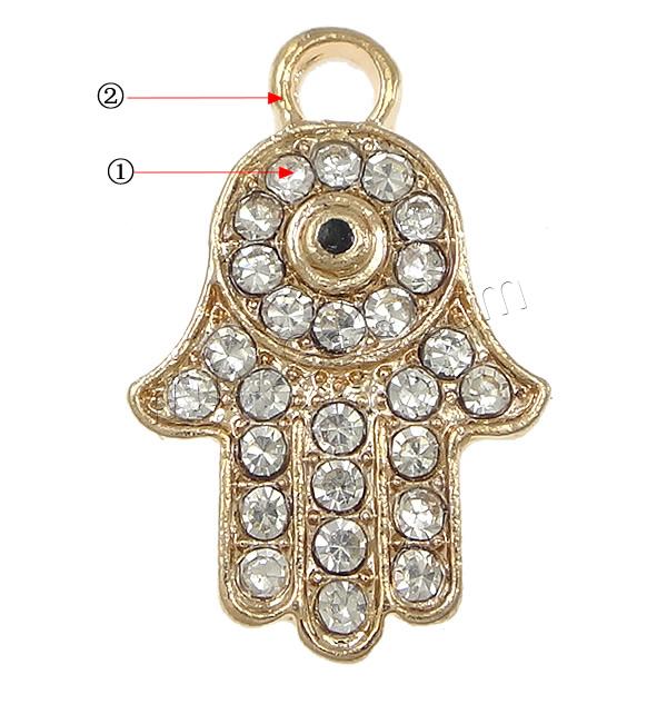 Zinc Alloy Hamsa Pendants, Hand, plated, Customized & with rhinestone, more colors for choice, nickel, lead & cadmium free, 13x20x2mm, Hole:Approx 2mm, Sold By PC