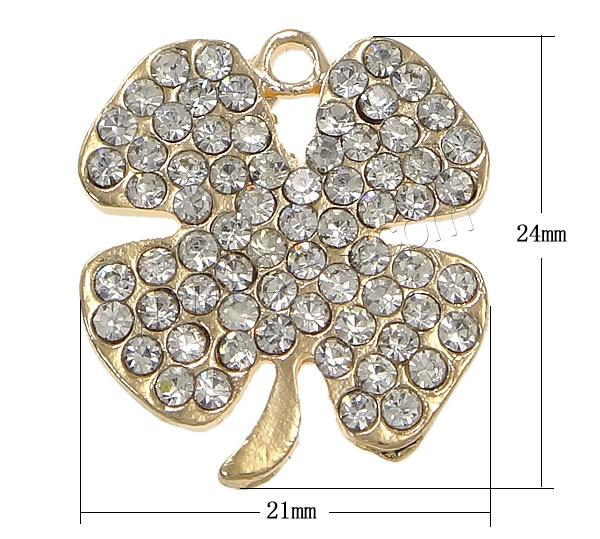 Zink-Legierung Clover Anhänger, Zinklegierung, vierblättriges Kleeblatt, plattiert, Kundenindividuell & mit Strass, keine, frei von Nickel, Blei & Kadmium, 21x24x2mm, Bohrung:ca. 2mm, verkauft von PC