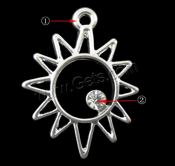 Zinc Alloy Rhinestone Pendants, Sun, plated, Customized & with rhinestone, more colors for choice, 18x23x3mm, Hole:Approx 2mm, Sold By PC