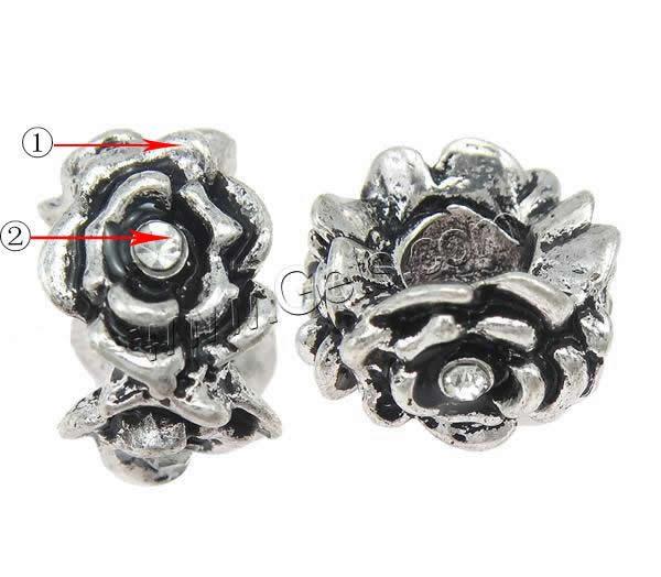 grano Europeo de aleación Zinc con diamante, aleación de zinc, Flor, chapado, Modificado para requisitos particulares & sin rosca & con diamantes de imitación, más colores para la opción, 8x12mm, agujero:aproximado 5mm, Vendido por UD