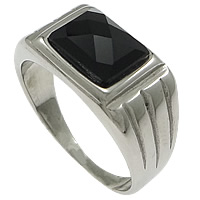 Anillo de dedo de acero inoxidable hombre, con Vidrio, Rectángular, facetas, Negro, 10mm, tamaño:9, Vendido por UD