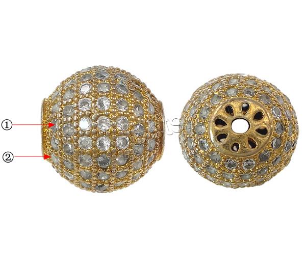 Cubic Zirconia Micro Pave Brass Beads, Round, plated, micro pave 129 pcs cubic zirconia, more colors for choice, 12mm, Hole:Approx 0.8mm, Sold By PC