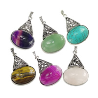 Gemstone Pendantifs en laiton, pierre gemme, avec laiton, ovale plat, Placage de couleur platine, différents matériaux pour le choix & noircir Environ Vendu par PC