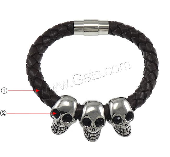 Bracelet homme, cuir de peau de vache, avec Acier inoxydable 316, crane, tressé & avec strass & noircir, plus de couleurs à choisir, 14x22mm, 21x11mm, 9mm, Longueur:Environ 8 pouce, Vendu par brin