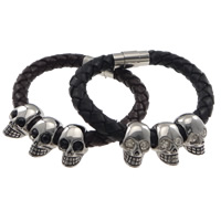 Los hombres de la pulsera y del brazalete, Cuero de vaca, con acero inoxidable 316, Calavera, trenzado & con diamantes de imitación & ennegrezca, más colores para la opción, 14x22mm, 21x11mm, 9mm, longitud:aproximado 8 Inch, Vendido por Sarta