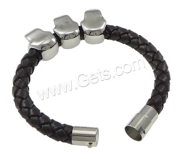 Bracelet homme, cuir de peau de vache, avec Acier inoxydable 316, crane, tressé & avec strass & noircir, plus de couleurs à choisir, 14x22mm, 21x11mm, 9mm, Longueur:Environ 8 pouce, Vendu par brin