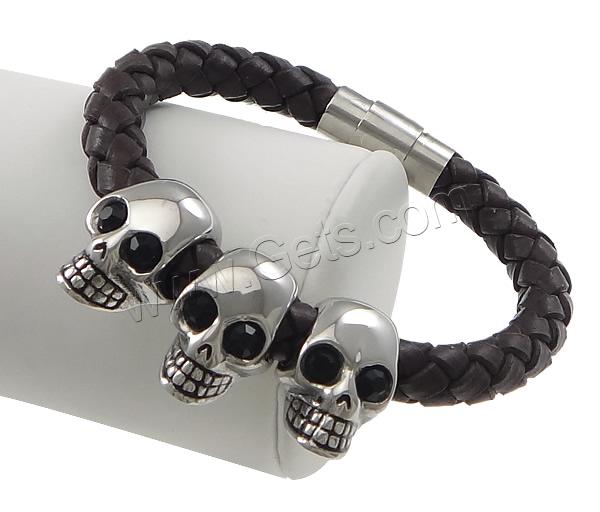 Männer Armband, Kuhhaut, mit 316 Edelstahl, Schädel, binden & mit Strass & Schwärzen, keine, 14x22mm, 21x11mm, 9mm, Länge:ca. 8 ZollInch, verkauft von Strang